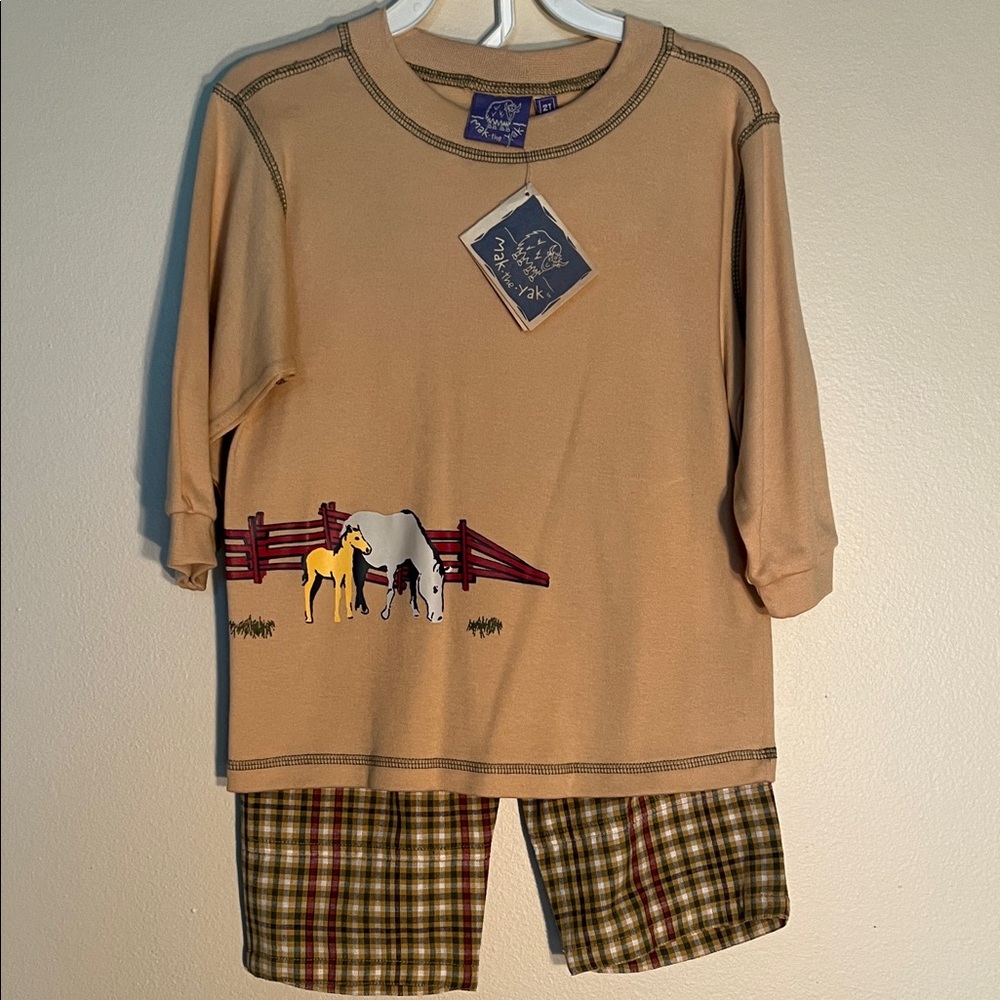 Vintage Kids 2 pc pant set with Horse Print - Tan and Plaid